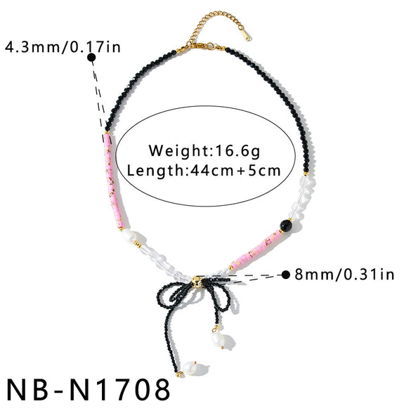 Women's Stainless Steel Beaded Necklace With Bow Knot Pearl And Acrylic Geometric Design 18K Vacuum Plated Light Luxury Jewelry