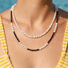 Women's Stainless Steel Beaded Necklace With Pearl And White Shell Accents Geometric Pattern And Vacuum Plated Finish