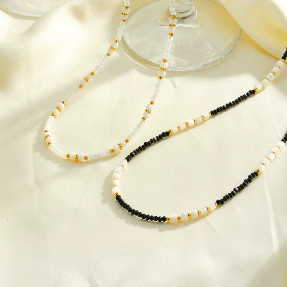Women's Stainless Steel Beaded Necklace With Pearl And White Shell Accents Geometric Pattern And Vacuum Plated Finish
