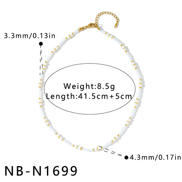 Women's Stainless Steel Beaded Necklace With Pearl And White Shell Accents Geometric Pattern And Vacuum Plated Finish