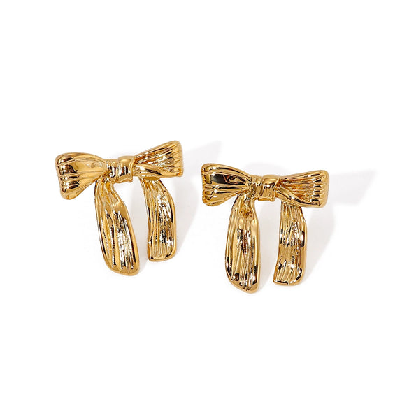 Women's Stainless Steel Bow Pattern Electroplated Titanium Steel Earrings With Golden Hammer Pattern Fashionable And Simple