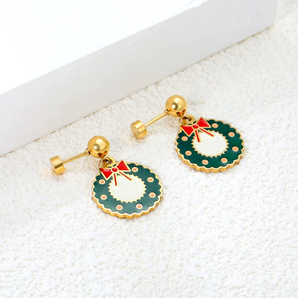 Women's Stainless Steel Bow Tie Earrings Cute Festive Christmas Wreath Inspired Holiday Jewelry