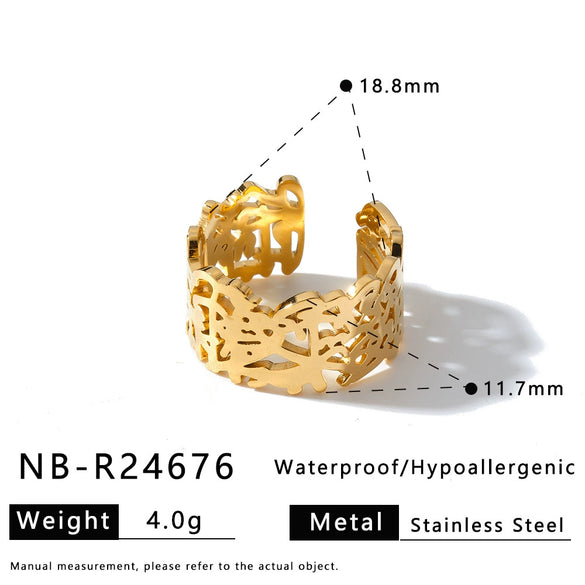 Women's Stainless Steel Bracelet And Ring Set With Rhinestone Irregular Hollow Carved Retro Design And 18K Gold Vacuum Plating
