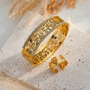 Women's Stainless Steel Bracelet And Ring Set With Rhinestone Irregular Hollow Carved Retro Design And 18K Gold Vacuum Plating