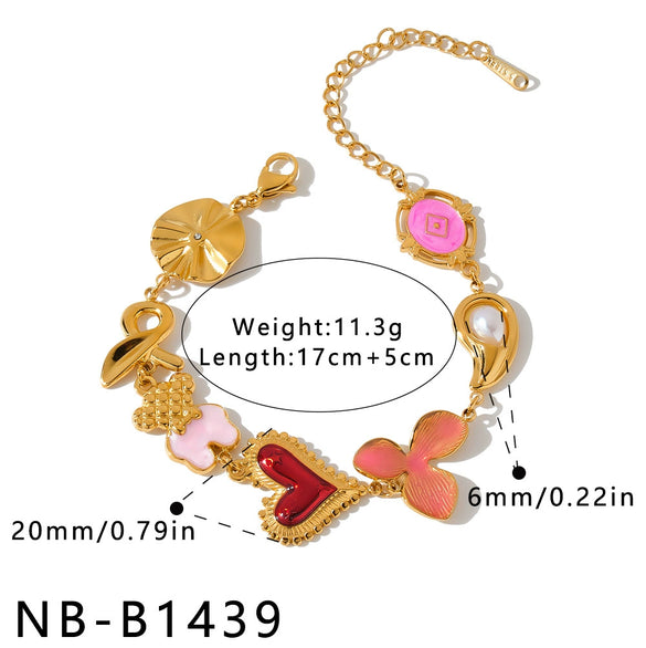 Women's Stainless Steel Bracelet With Heart And Bow Design Pearl And Rhinestone Inlay Oil Drip Finish And Gold Tone Vacuum Plating