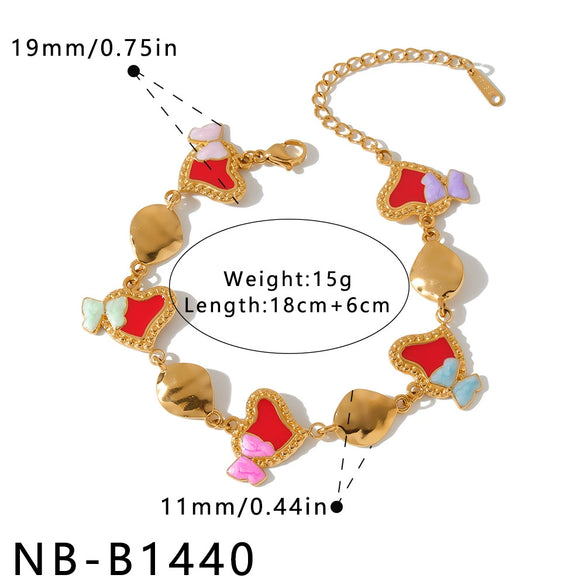Women's Stainless Steel Bracelet With Heart And Bow Design Pearl And Rhinestone Inlay Oil Drip Finish And Gold Tone Vacuum Plating