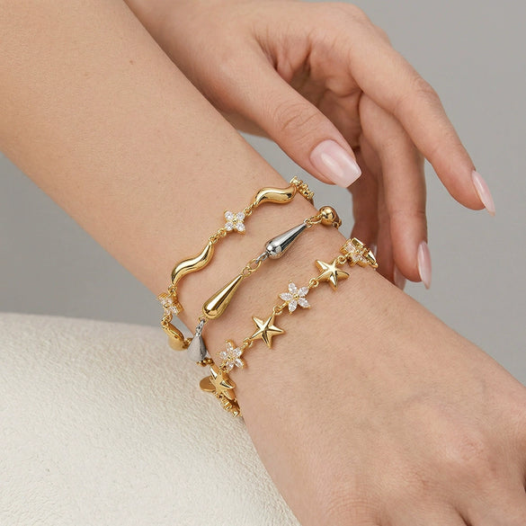 Women's Stainless Steel Bracelet With 18K Gold Plating Five Point Star And Water Drop Geometric Design With Zircon Inlay
