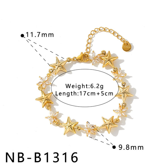 Women's Stainless Steel Bracelet With 18K Gold Plating Five Point Star And Water Drop Geometric Design With Zircon Inlay