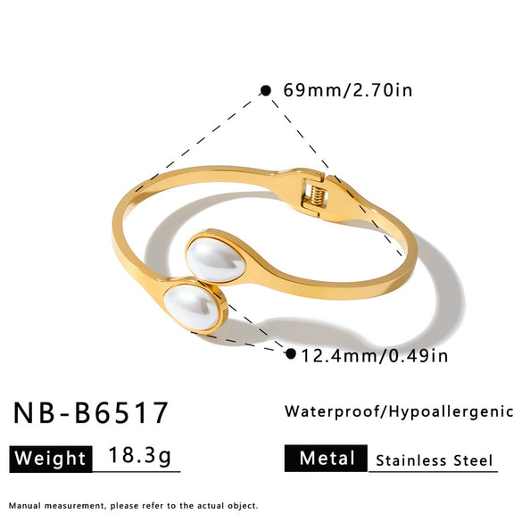 Women's Stainless Steel Bracelet With 18K Gold Vacuum Plating Imitation Pearl And Tiger Eye Inlay Non Fading Fashion Accessory