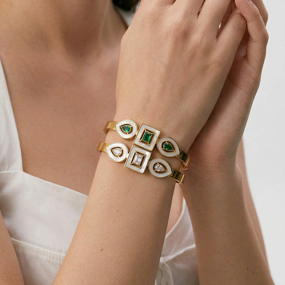 Women's Stainless Steel Bracelet With 18K Gold Vacuum Plating Zircon And White Shell Inlay Simple Non Fading Jewelry