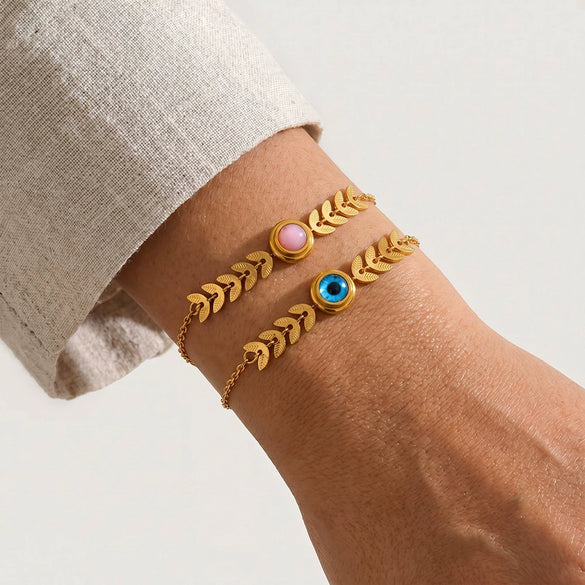 Women's Stainless Steel Bracelet With Natural Stone Inlay Geometric Leaf Chain Design And 18K Vacuum Plated Finish