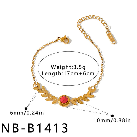 Women's Stainless Steel Bracelet With Natural Stone Inlay Geometric Leaf Chain Design And 18K Vacuum Plated Finish