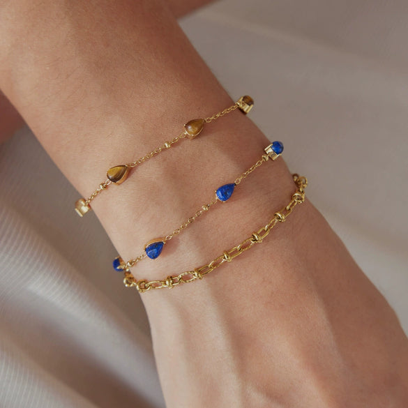 Women's Stainless Steel Bracelet With Natural Tiger's Eye And Lapis Lazuli Geometric Design Hypoallergenic Jewelry