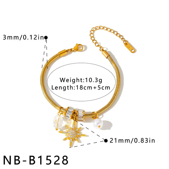 Women's Stainless Steel Bracelet With Pearl Zircon And Rhinestone Eight Pointed Star Geometric Design 18K Gold Plated