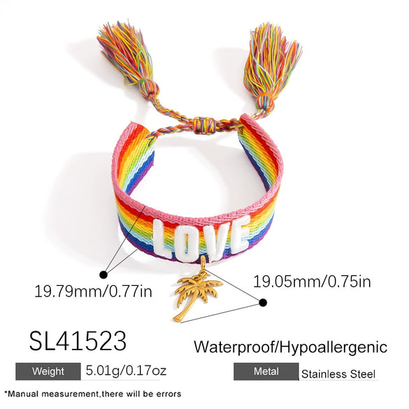 Women's Stainless Steel Braided Adjustable Bracelet With Rainbow Love Tassel Electroplating Design