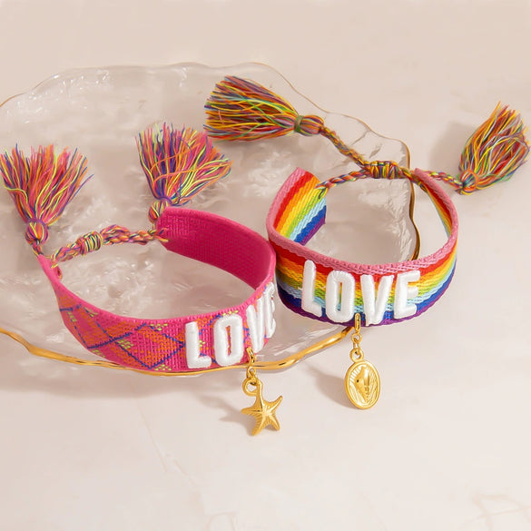 Women's Stainless Steel Braided Adjustable Bracelet With Rainbow Love Tassel Electroplating Design