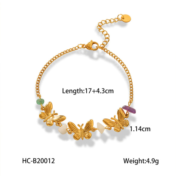 Women's Stainless Steel Butterfly Beaded Bracelet With Natural Stone Electroplated Animal Geometric Design