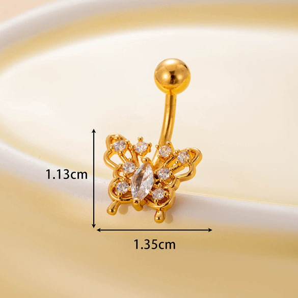 Women's Stainless Steel Butterfly Zircon Belly Button Ring Electroplated Fashion Abdominal Puncture Jewelry