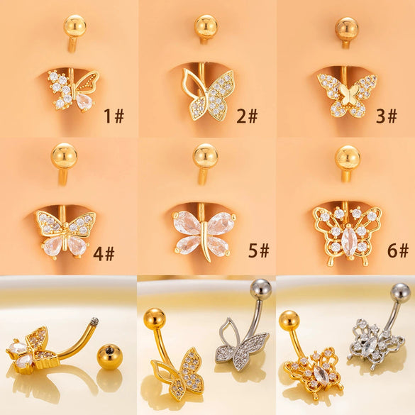 Women's Stainless Steel Butterfly Zircon Belly Button Ring Electroplated Fashion Abdominal Puncture Jewelry