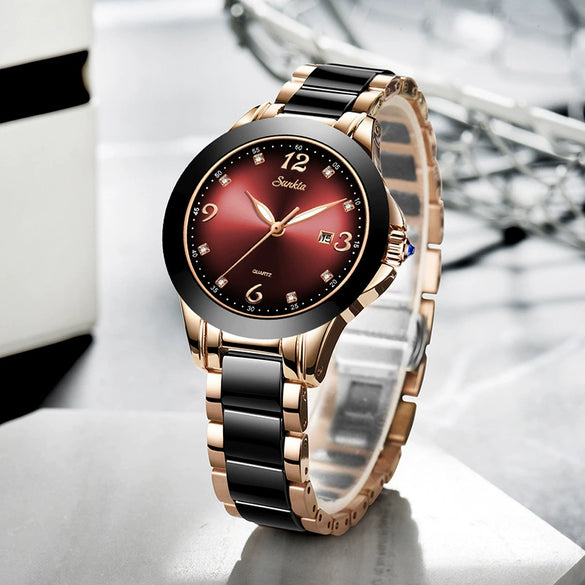 Women's Stainless Steel Case Ceramic Strap Round Dial Fashion Watch