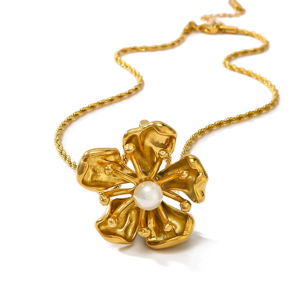 Women's Stainless Steel Cast Flower 18K Gold Plated Necklace With Pearl And Twist Chain New Fashionable Simple Design