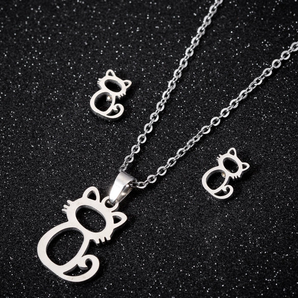 Women's Stainless Steel Cat Animal Earrings And Necklace Set Cute Hollow Design Electroplated Jewelry