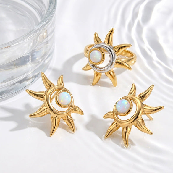 Women's Stainless Steel Cat's Eye Stone Ring And Earring Set With Geometric Sun Pattern And Vacuum Electroplated Finish