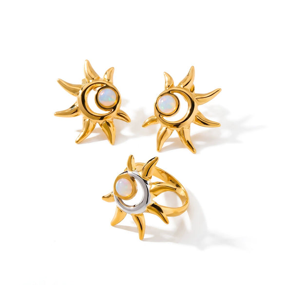 Women's Stainless Steel Cat's Eye Stone Ring And Earring Set With Geometric Sun Pattern And Vacuum Electroplated Finish