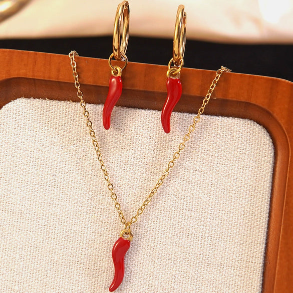 Women's Stainless Steel Chili Necklace And Earrings Jewelry Set Electroplated Fruit Design Light Luxury Fashion Accessories