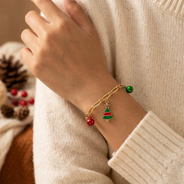 Women's Stainless Steel Christmas Charm Bracelet With Candy Christmas Tree And Snowflake Pendants Electroplated Holiday Jewelry