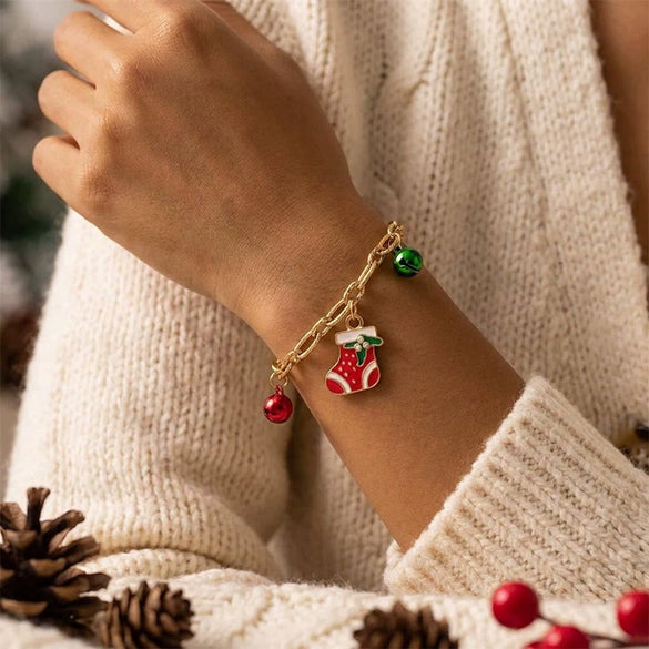 Women's Stainless Steel Christmas Charm Bracelet With Candy Christmas Tree And Snowflake Pendants Electroplated Holiday Jewelry
