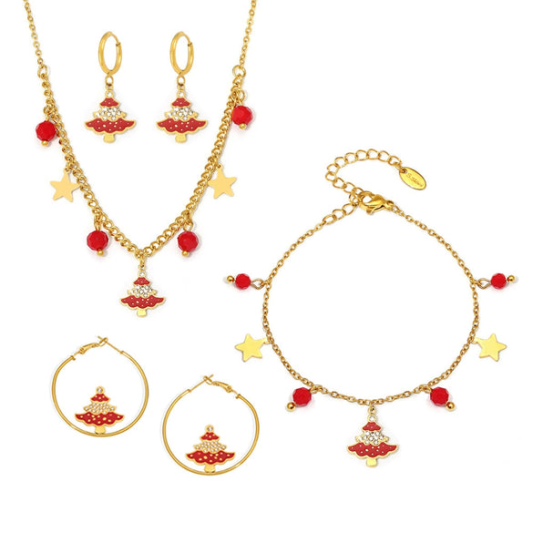 Women's Stainless Steel Christmas Tree Jewelry Set With Enamel Glaze And Zircon Inlay Necklace Bracelet And Earrings