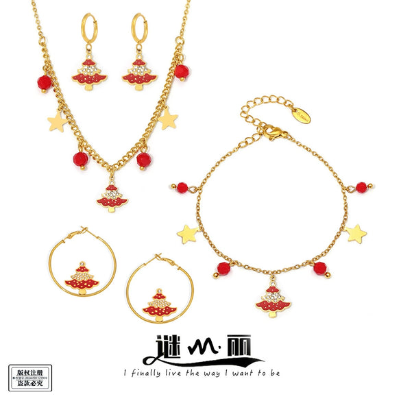 Women's Stainless Steel Christmas Tree Jewelry Set With Enamel Glaze And Zircon Inlay Necklace Bracelet And Earrings