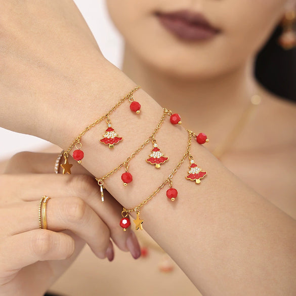 Women's Stainless Steel Christmas Tree Jewelry Set With Enamel Glaze And Zircon Inlay Necklace Bracelet And Earrings