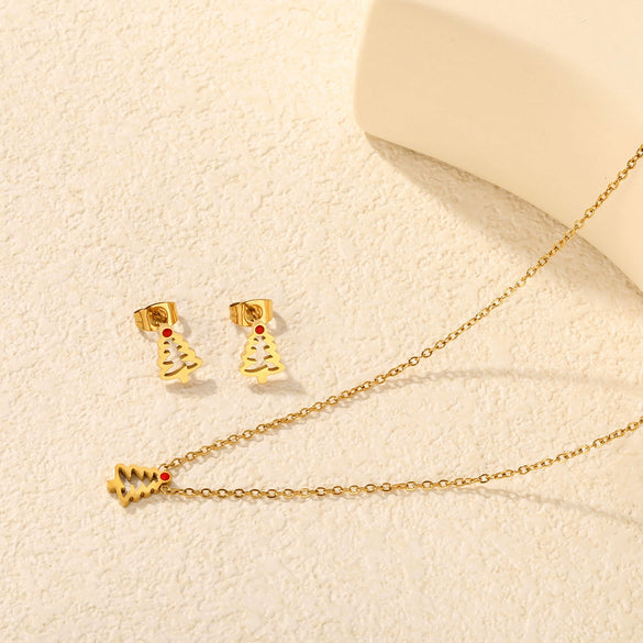 Women's Stainless Steel Christmas Tree Necklace And Earrings Set With Hollow Oil Drip Design Electroplated Fashion Jewelry