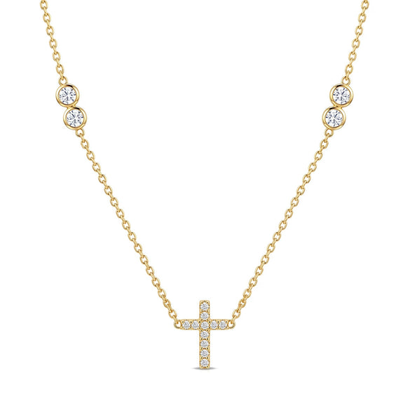 Women's Stainless Steel Cross Necklace And Bracelet Set With Cubic Zirconia Geometric Design And Electroplated Finish