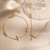 Women's Stainless Steel Cross Necklace And Bracelet Set With Cubic Zirconia Geometric Design And Electroplated Finish