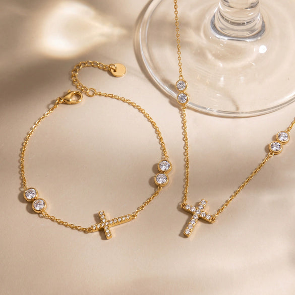 Women's Stainless Steel Cross Necklace And Bracelet Set With Cubic Zirconia Geometric Design And Electroplated Finish