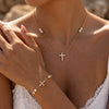 Women's Stainless Steel Cross Necklace And Bracelet Set With Cubic Zirconia Geometric Design And Electroplated Finish