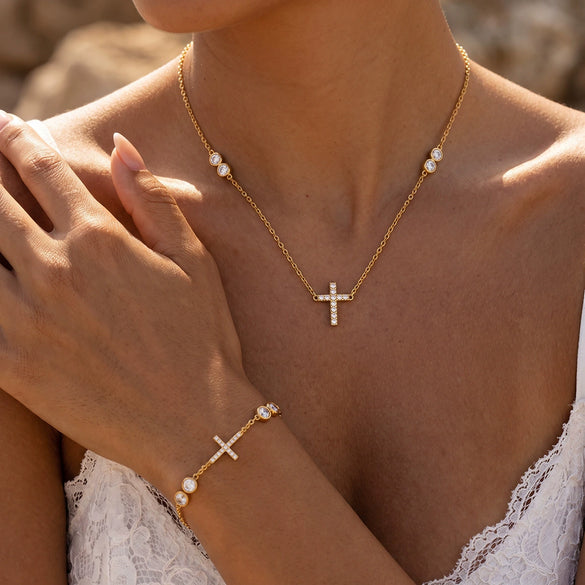 Women's Stainless Steel Cross Necklace And Bracelet Set With Cubic Zirconia Geometric Design And Electroplated Finish
