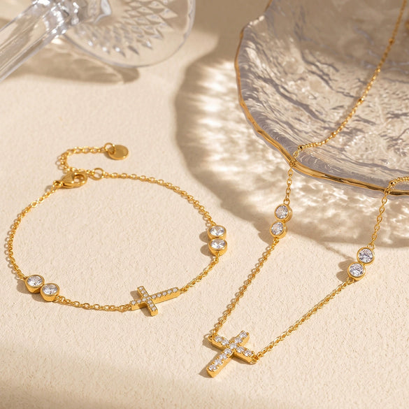 Women's Stainless Steel Cross Necklace And Bracelet Set With Cubic Zirconia Geometric Design And Electroplated Finish