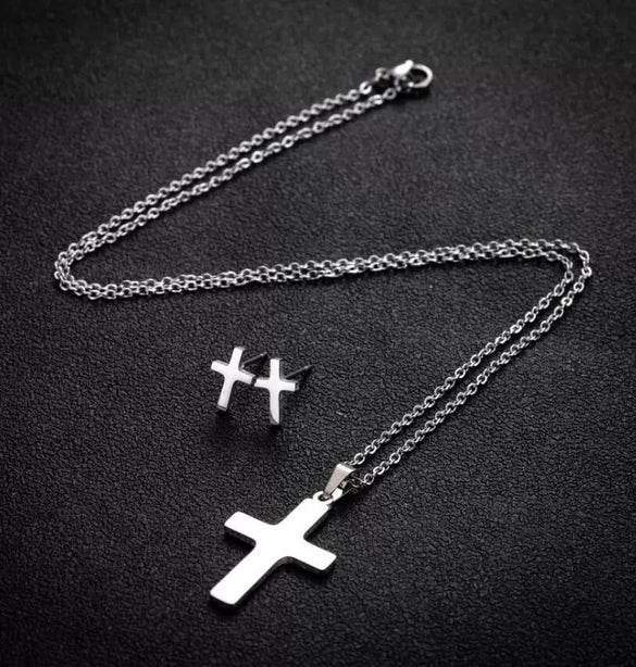 Women's Stainless Steel Cross Pendant Necklace And Earrings Set With Geometric Electroplated Design