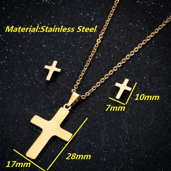 Women's Stainless Steel Cross Pendant Necklace And Earrings Set With Geometric Electroplated Design