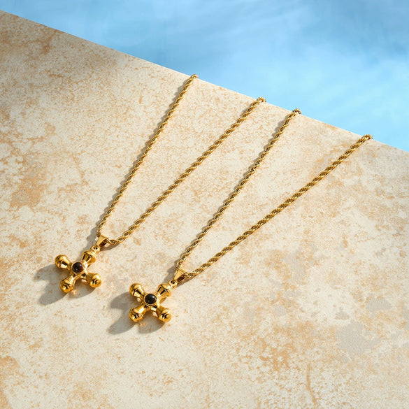 Women’s Stainless Steel Cross Pendant Necklace With Natural Stone Design Geometric Style And 18K Vacuum Plated Finish