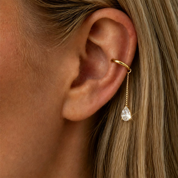Women's Stainless Steel Cshaped Clipon Earrings With Teardrop Zircon Tassels Electroplated Geometric Design