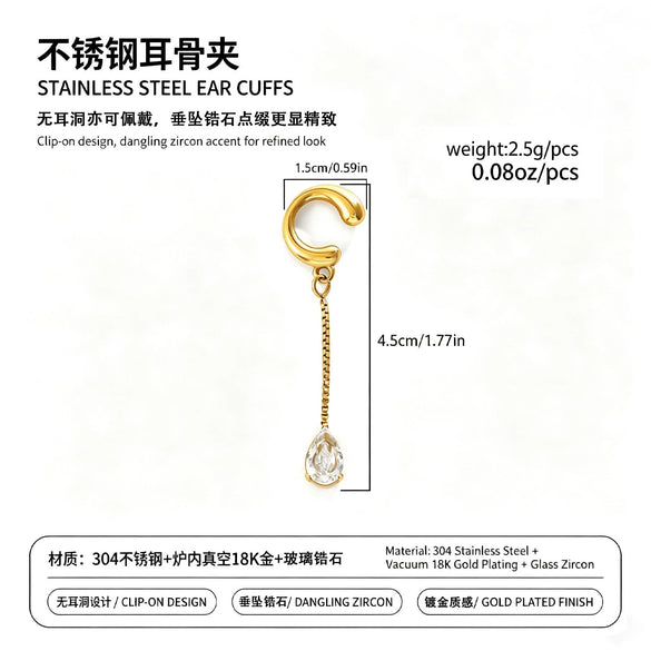 Women's Stainless Steel Cshaped Clipon Earrings With Teardrop Zircon Tassels Electroplated Geometric Design