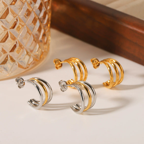 Women's Stainless Steel Cshaped Threelayer Line Geometric Electroplated Earrings