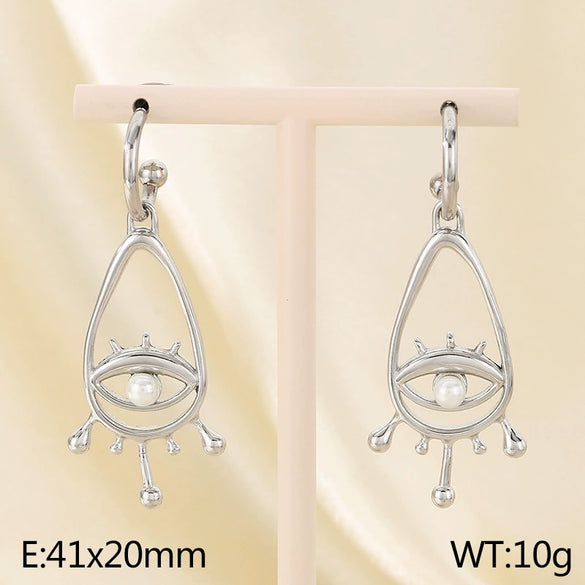 Women's Stainless Steel Cut Out Devil's Eye Inlaid Pearl Geometric Style Electroplated Earrings