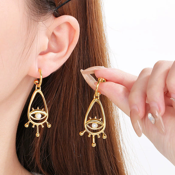 Women's Stainless Steel Cut Out Devil's Eye Inlaid Pearl Geometric Style Electroplated Earrings