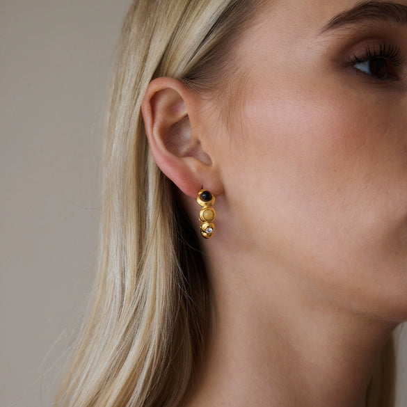 Women's Stainless Steel Cwave Stud Earrings With Natural Stone And Geometric Plated Design
